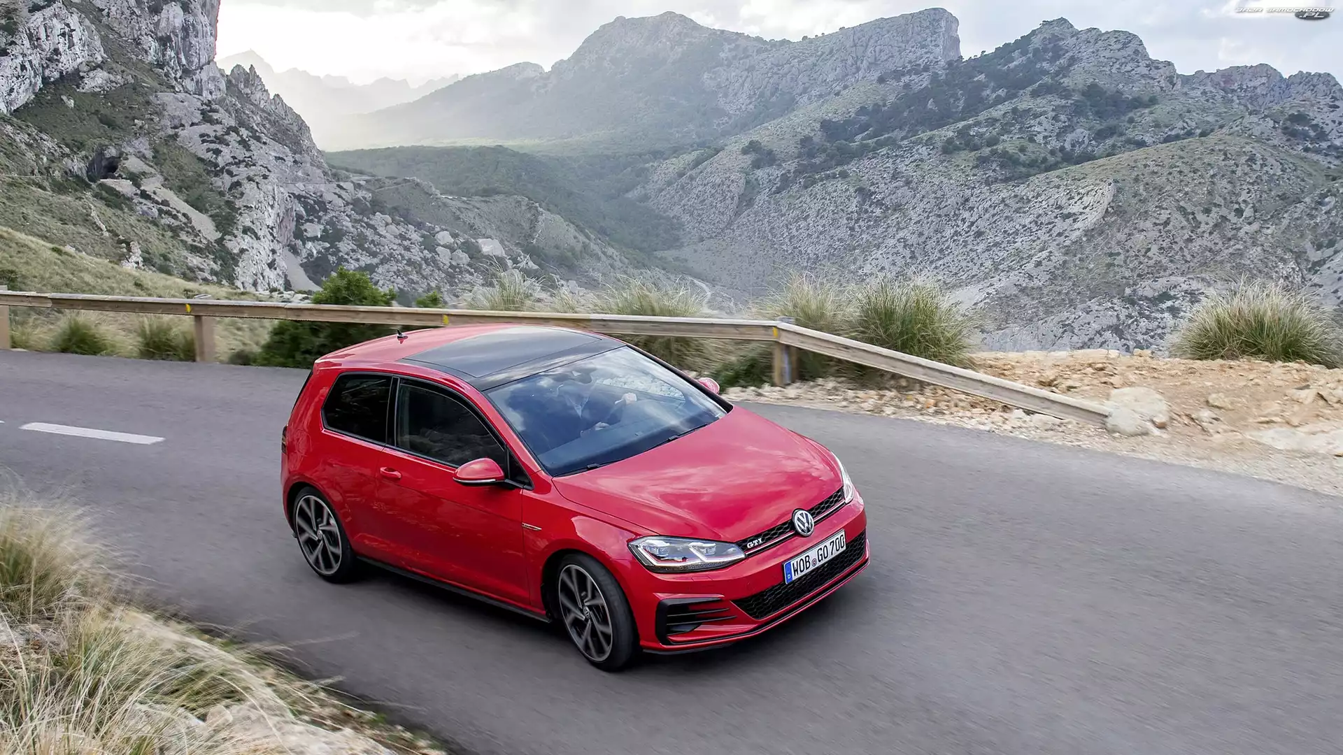 Barierka, GTI Facelift, Czerwony, Góry, Droga, Vokswagen Golf 7, 2017