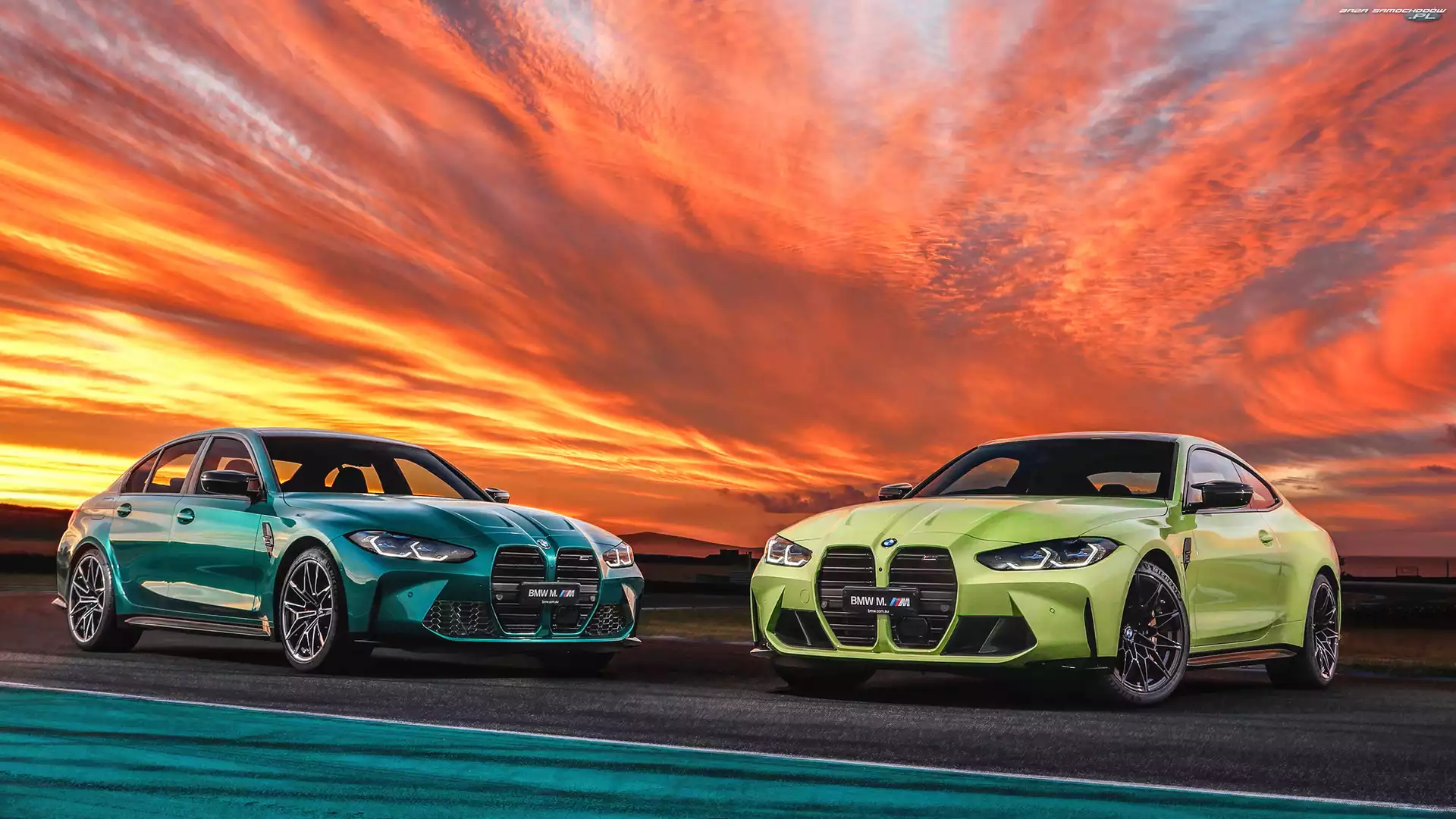 2021, Zielone, Dwa, Limonkowe, BMW M4 Competition Coupe G82, Samochody, BMW M3 Competition Sedan G80
