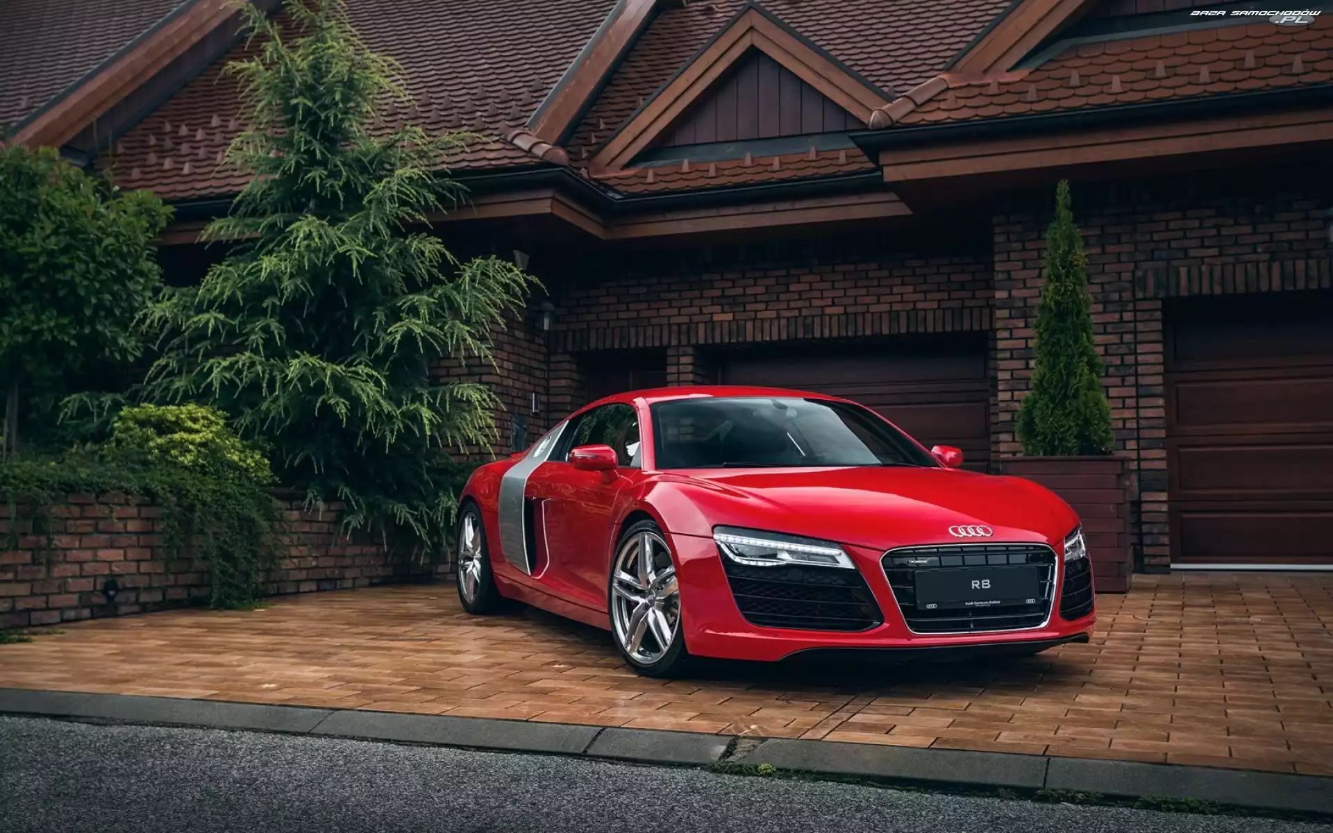 Audi, Czerwony, Drzewa, Dom, Samochód, R8
