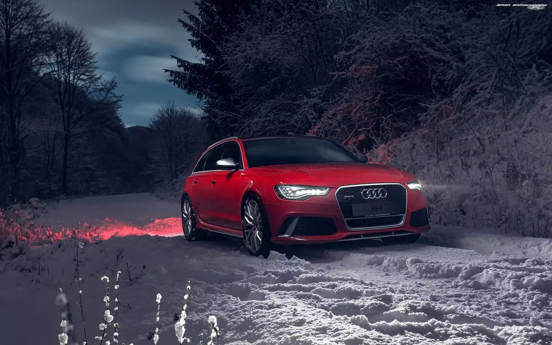 Audi, Czerwony, Zima, Las, Samochód, Noc