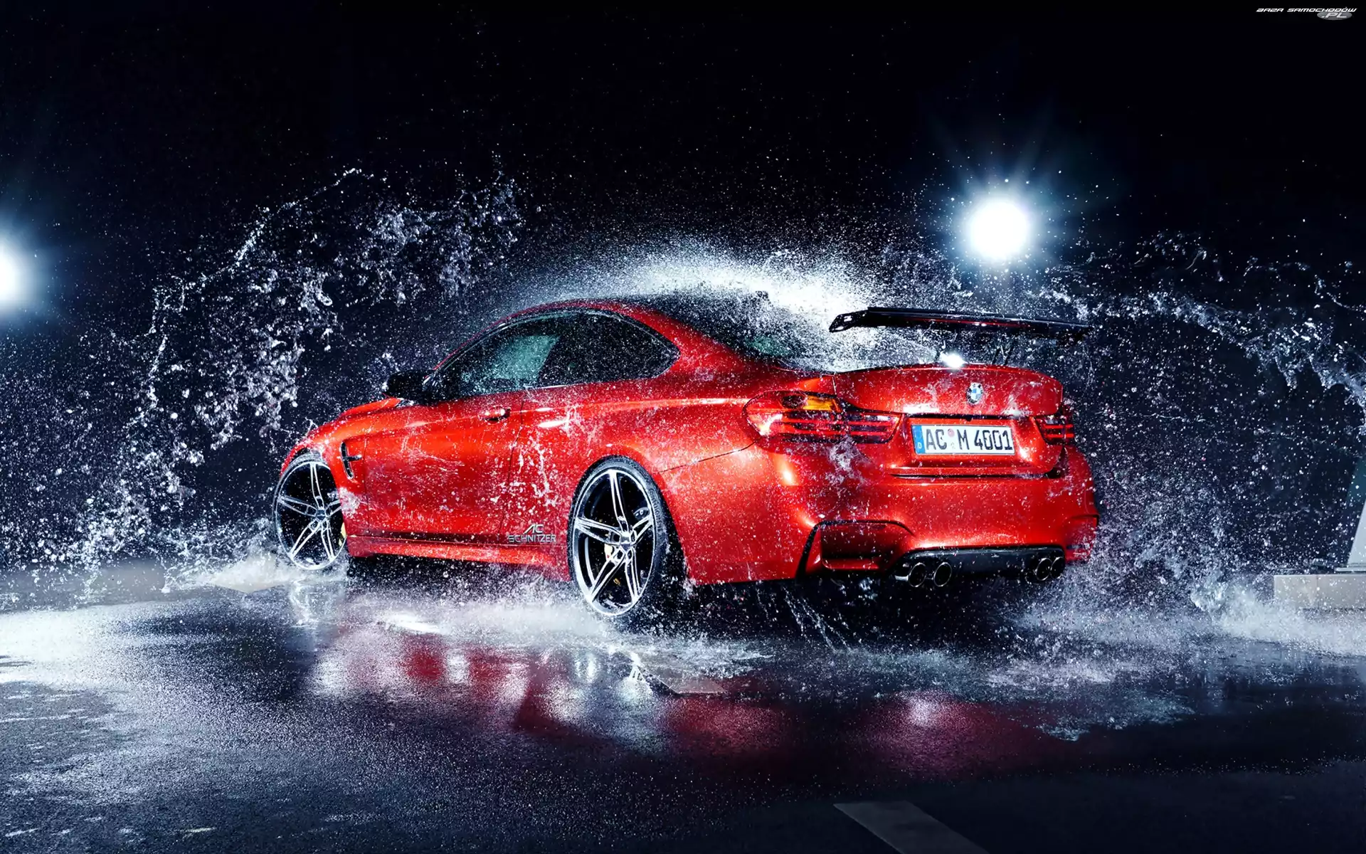Rozbryzg, BMW, Czerwony, Woda, Krople, Samochód, M4