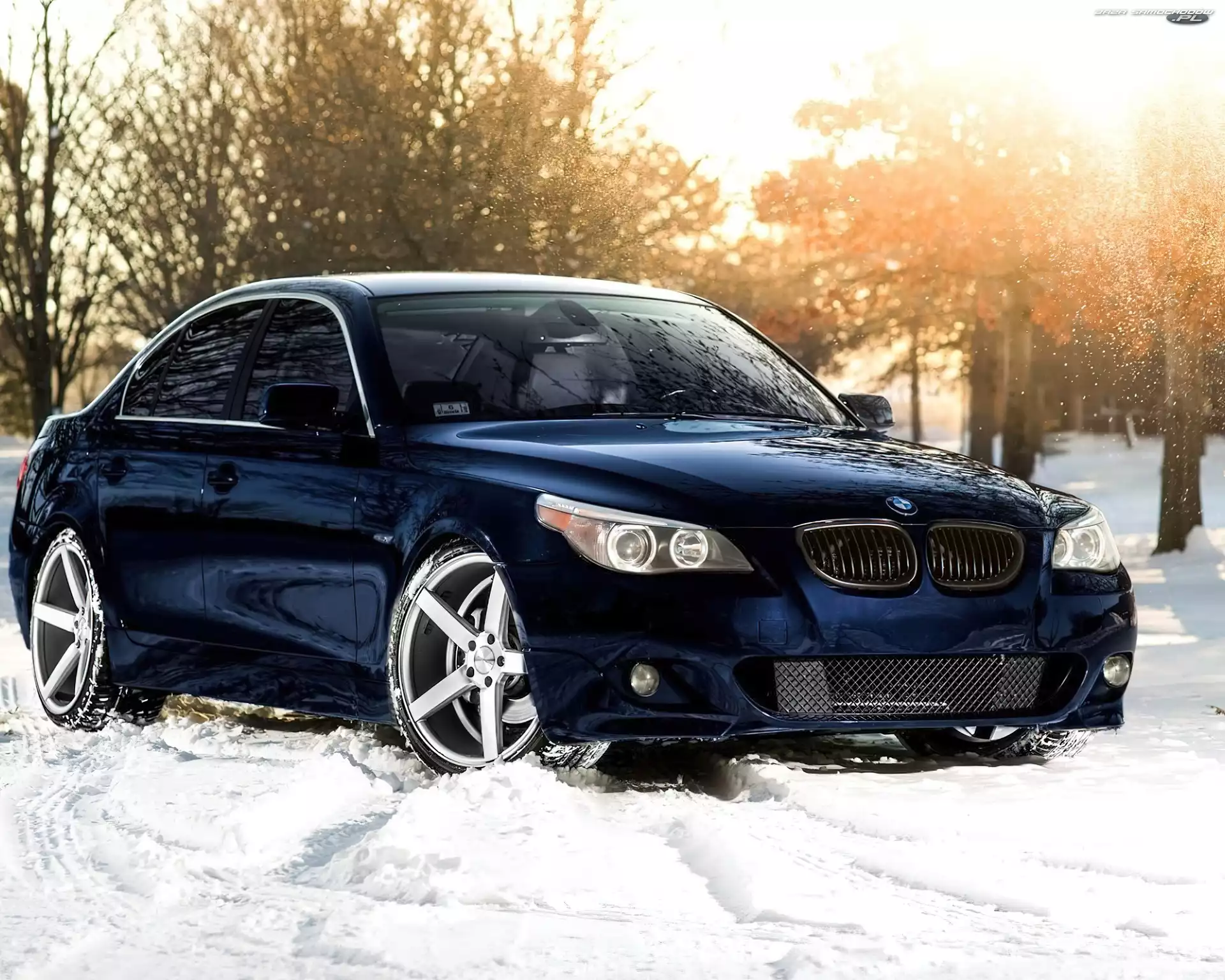 BMW, Granatowy, Drzewa, Śnieg, Samochód, M5