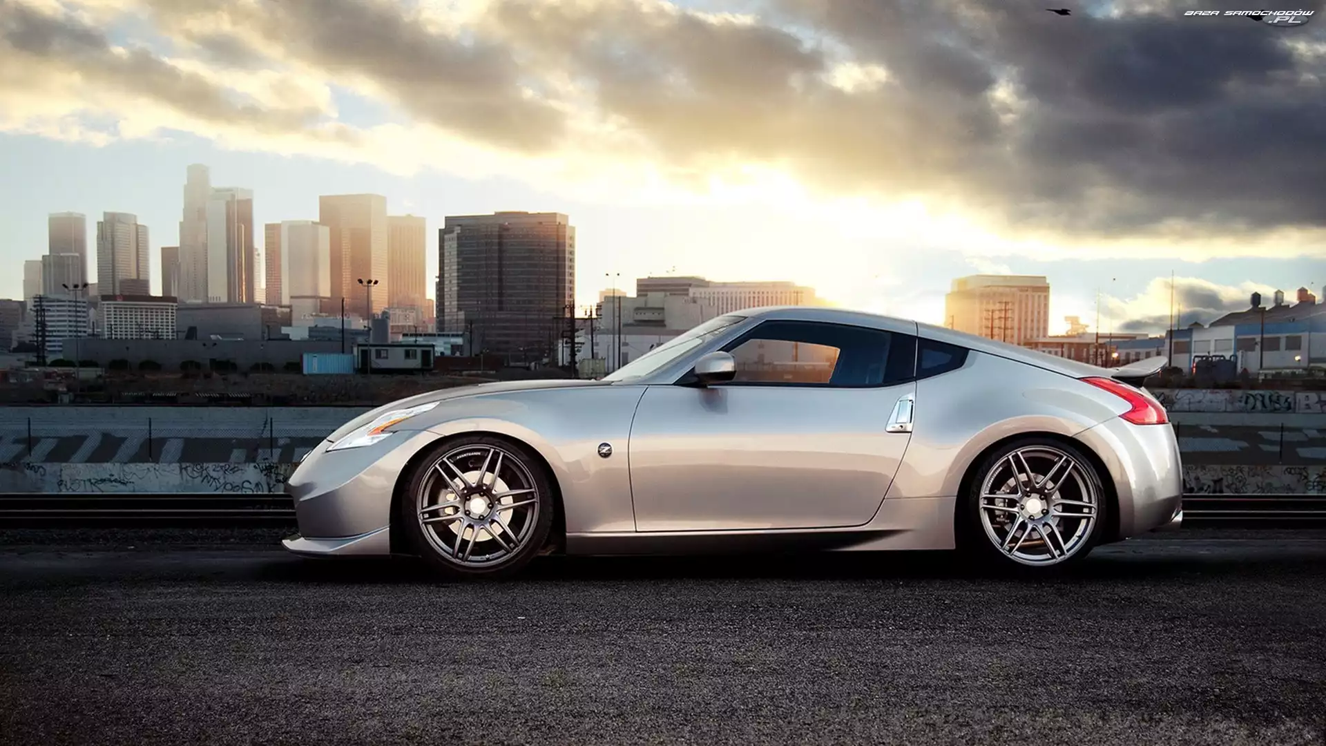 Chmury, Miasto, Srebrny, Samochód, Nissan 370z