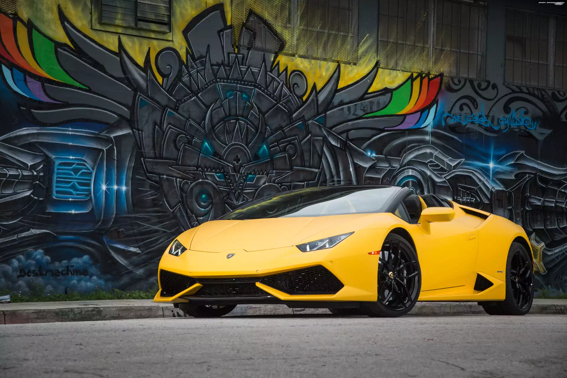 Lamborghini Huracan LP 610-4 Spyder, Mural, Żółte, Ściana