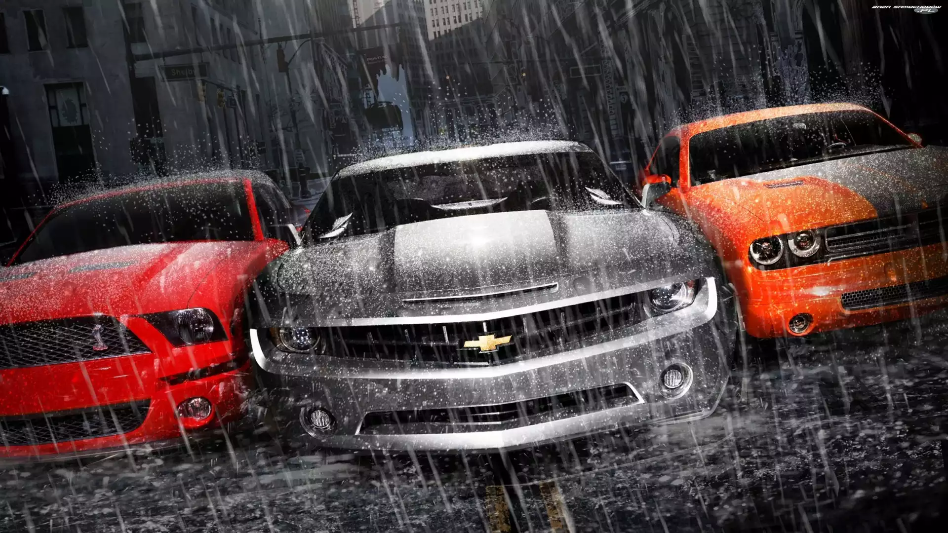 Dodge, Chevrolet, Deszcz, Mustang, Camaro, Ford
