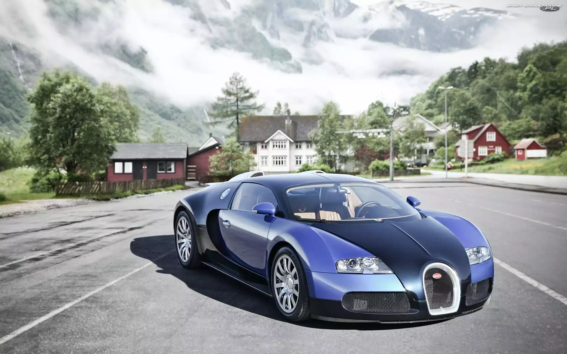 Domy, Ulica, Bugatti, Niebieskie, Veyron