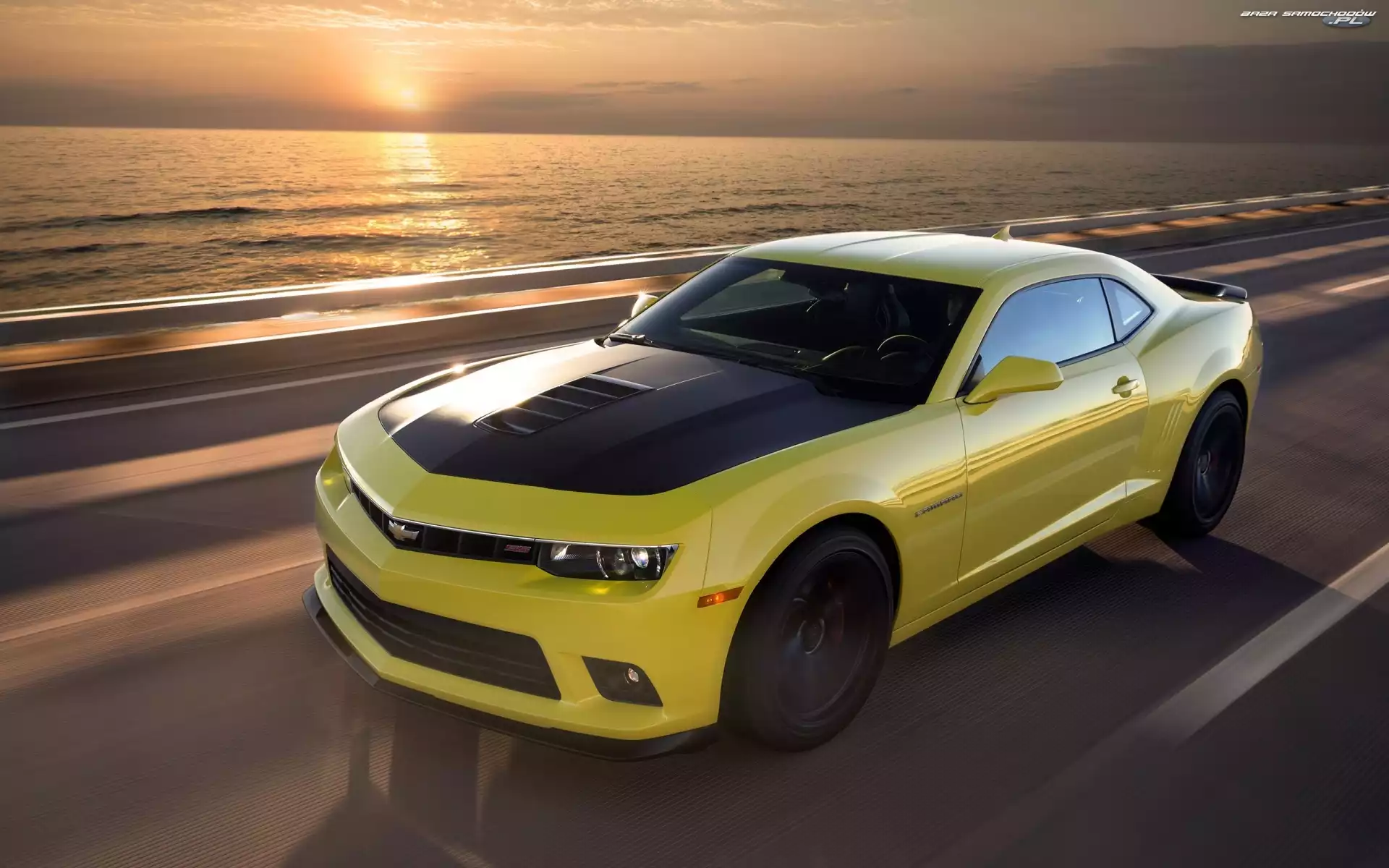 Droga, Chevrolet, Słońca, Zachód, Camaro, Morze