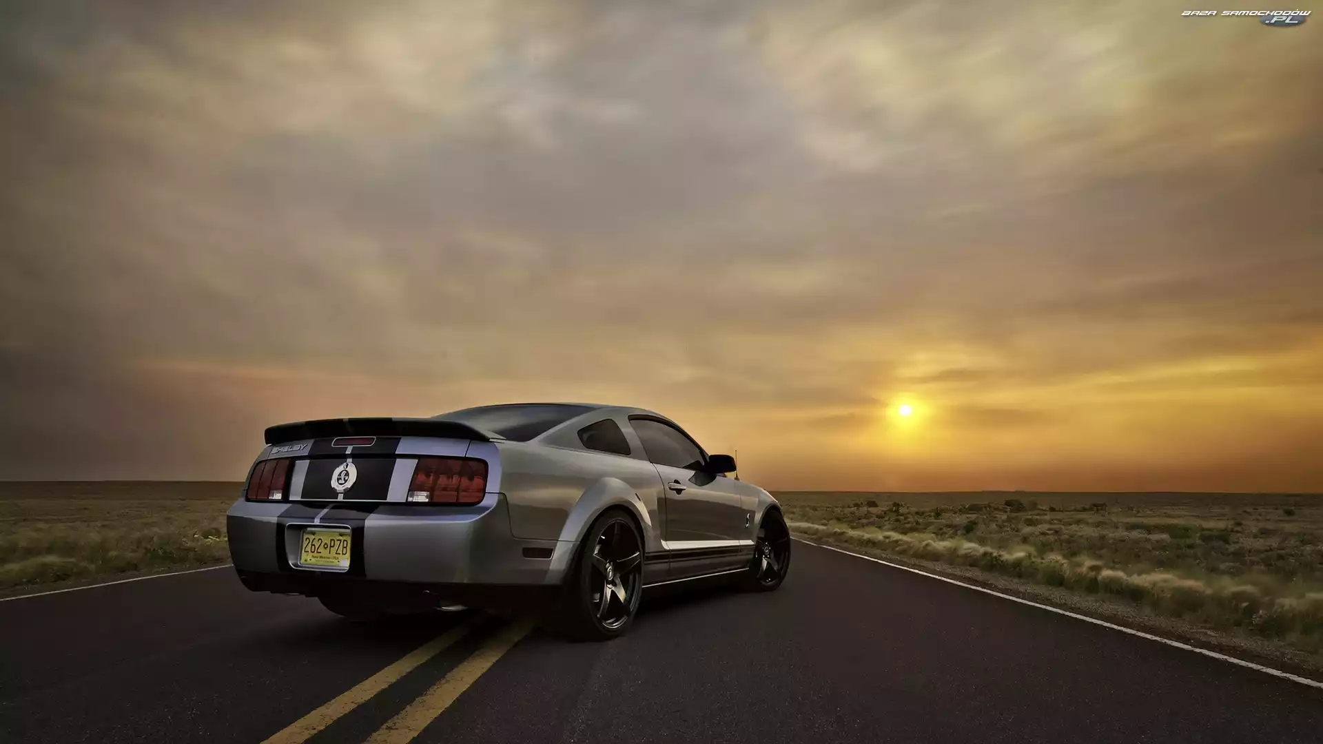 Droga, Słońca, Ford Mustang, Zachód