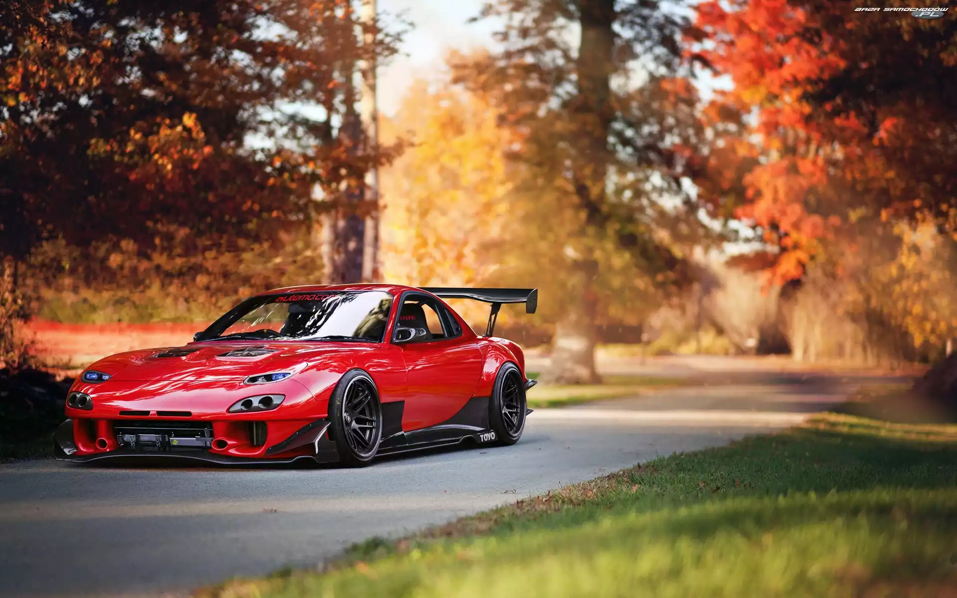 Jesień, Drzewa, Mazda RX-7, Czerwona, Droga