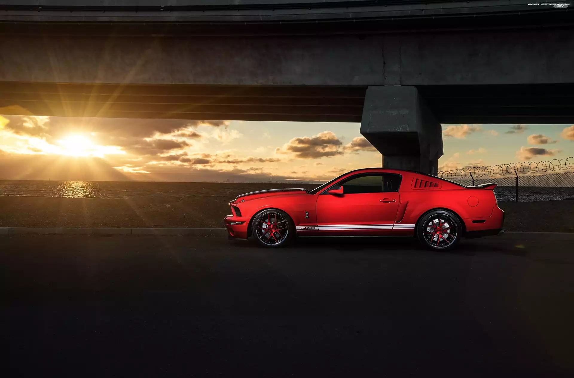 Ford Mustang GT500, Słońce, Czerwony, Promienie