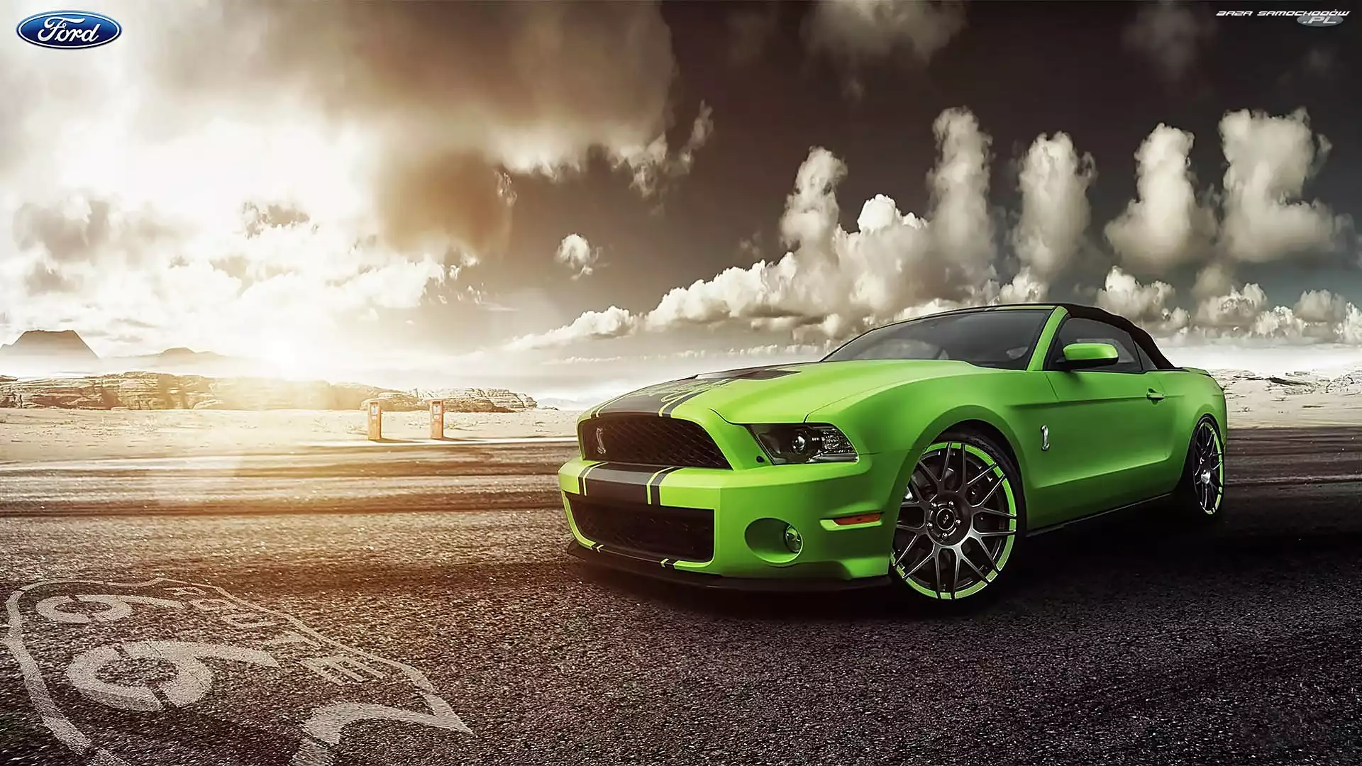 Ford, Zielony, Chmury, Droga, Samochód, Mustang