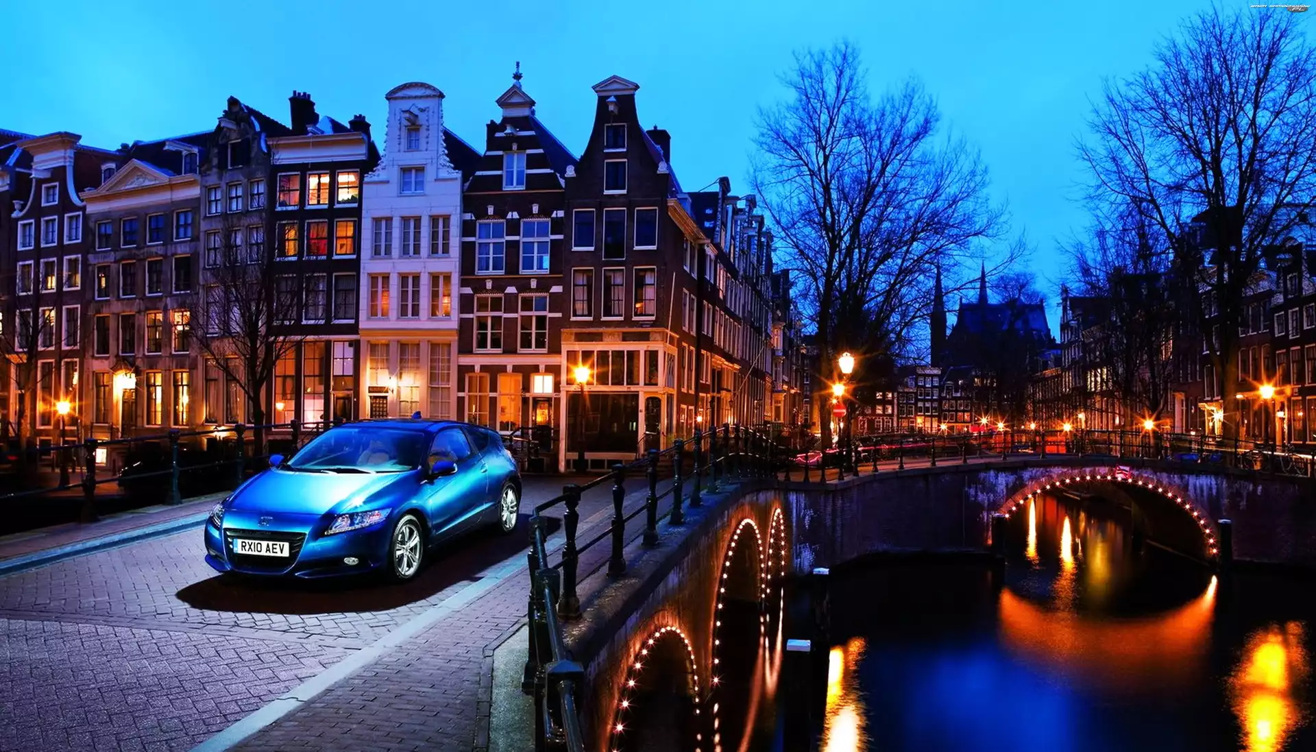Honda, Samochód, Nocą, Amsterdam, Kanał