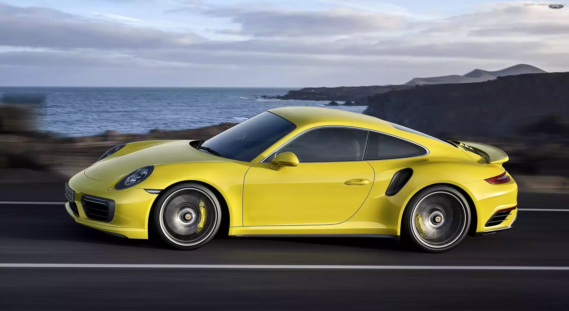 Jezioro, Droga, Porsche, Żółte, 911 Turbo