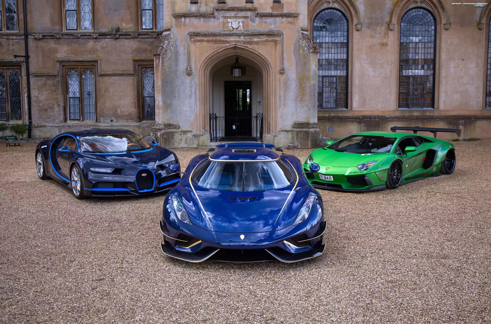 Koenigsegg Regera, Bugatti Chiron, Lamborghini Aventador Liberty Walk, Trzy, Samochody