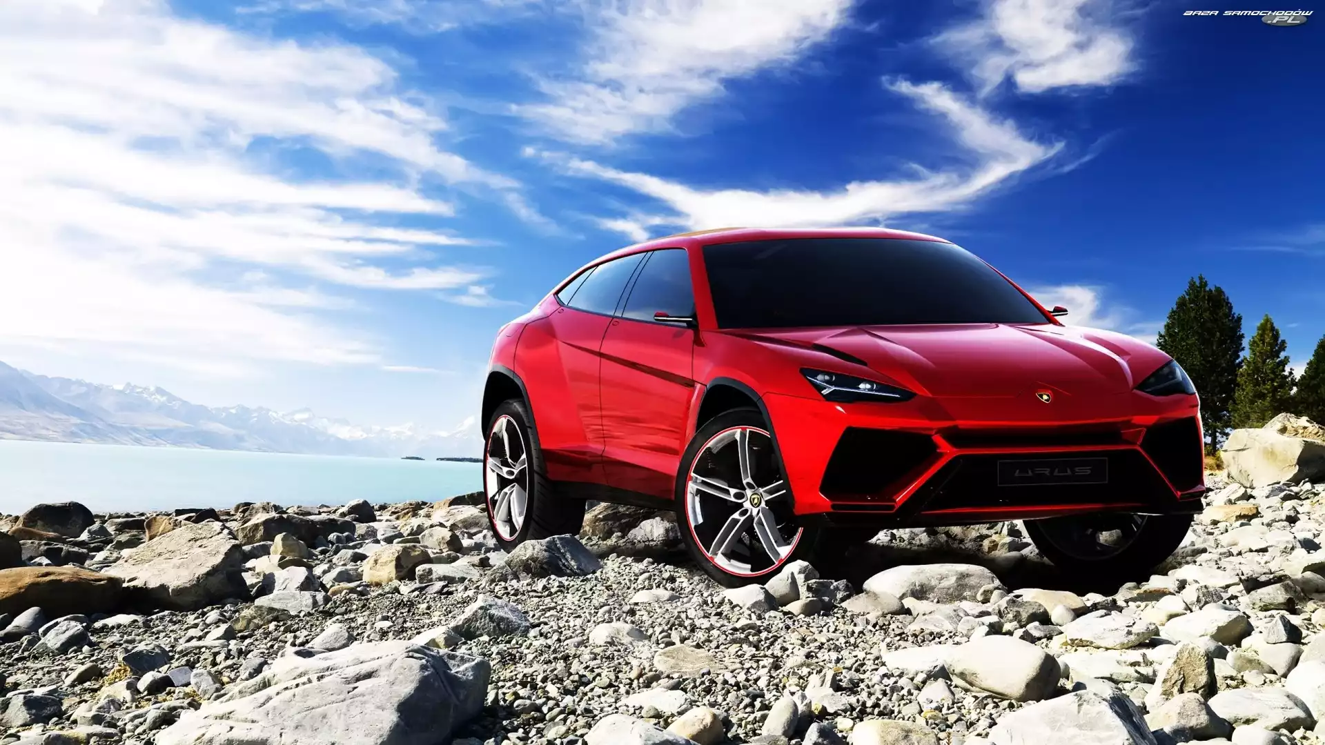 Lamborghini Urus, Czerwony, Kamienie, Rzeka, Niebo