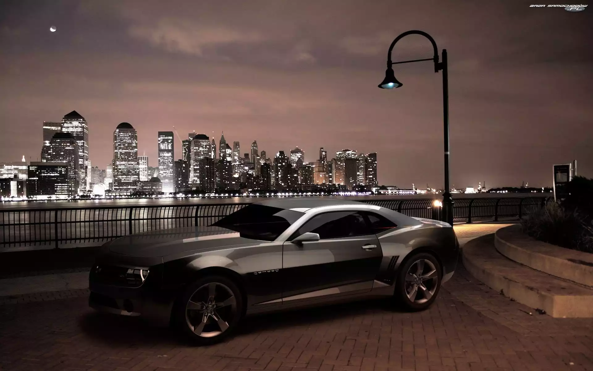 Miasto, Chevrolet, Noc, Latarnia, Camaro, Rzeka