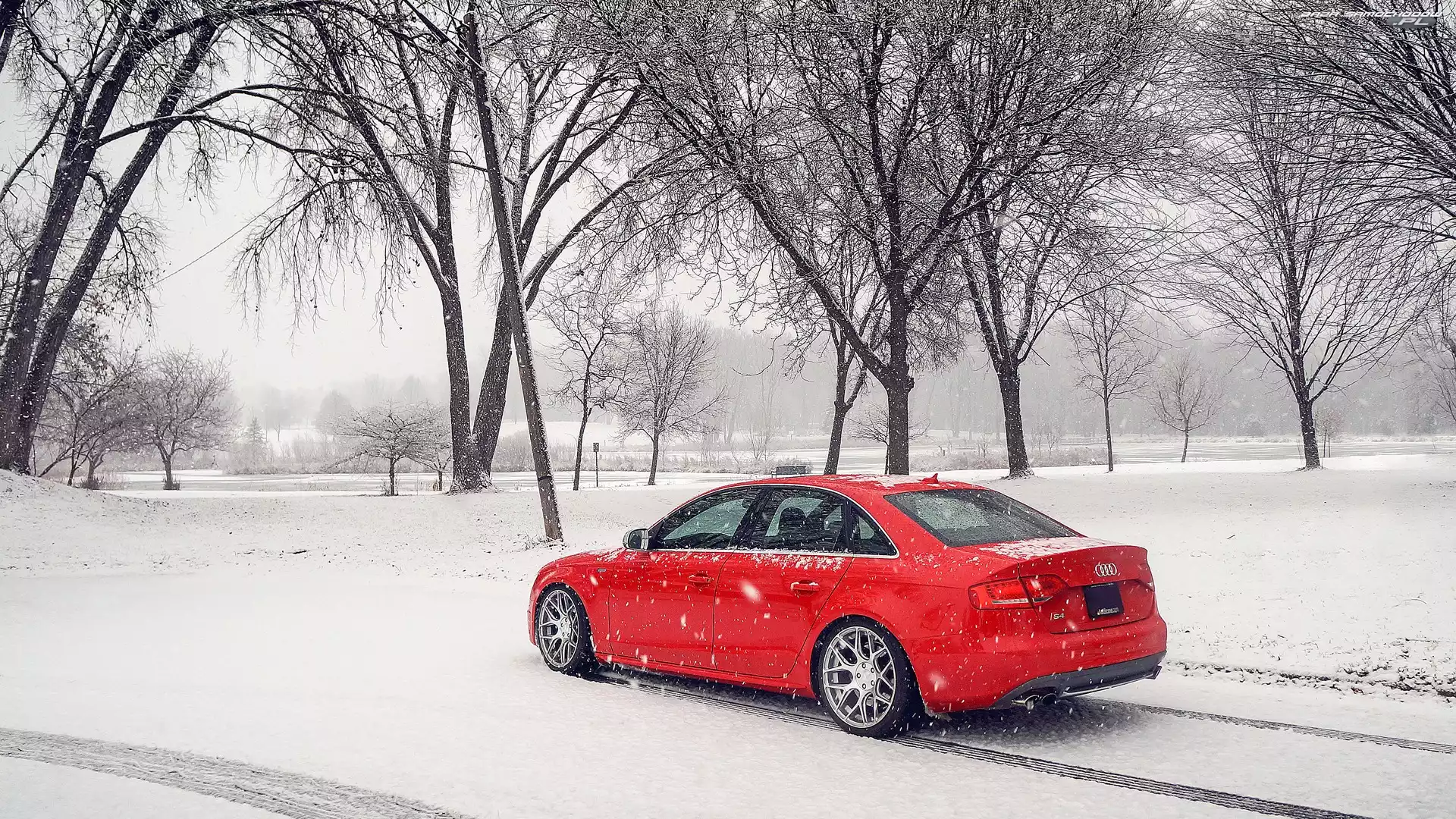 Zima, Śnieg, Audi S4 B8, Czerwone, Sedan