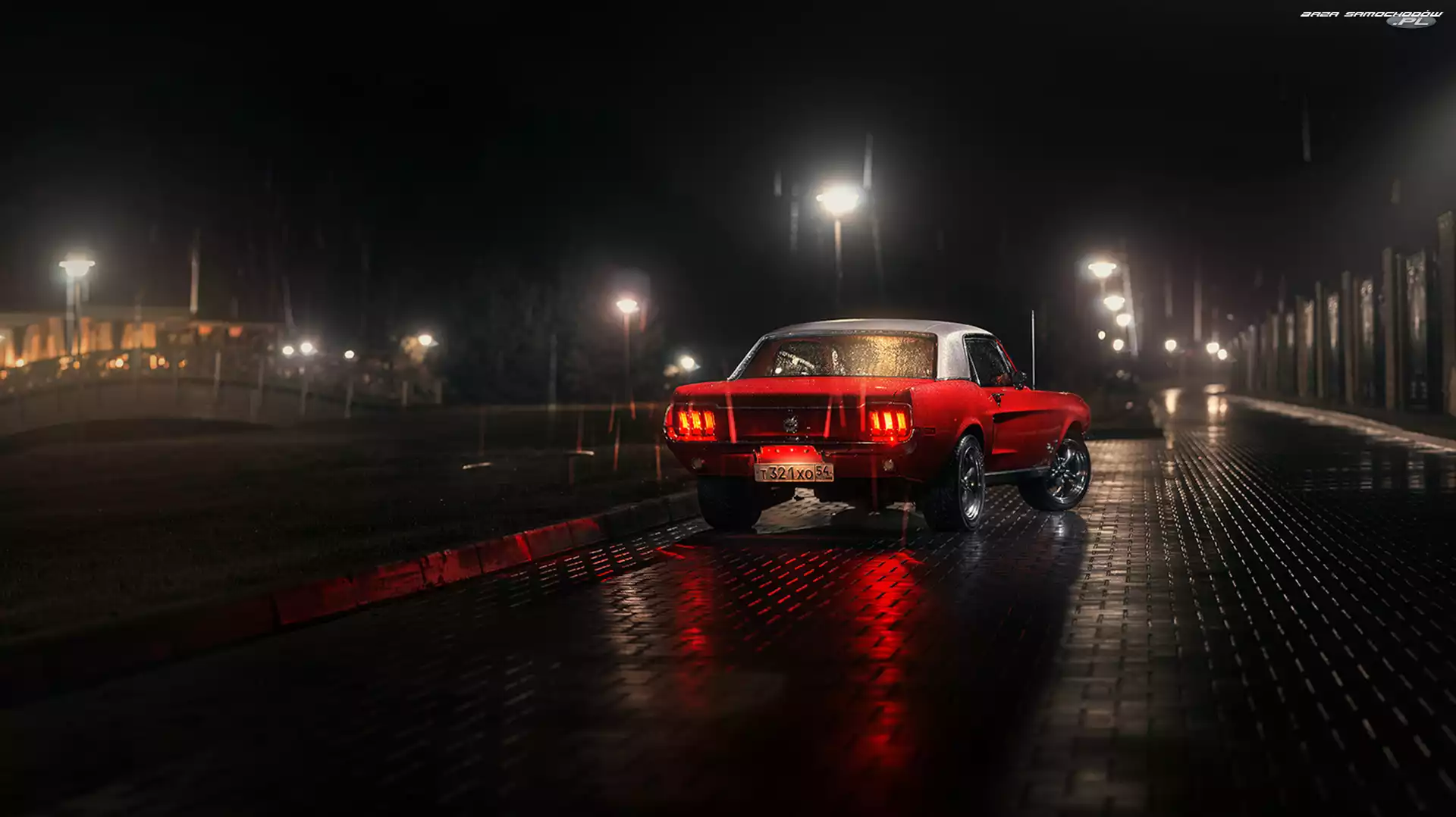 Noc, Deszcz, Ford, Czerwony, Mustang