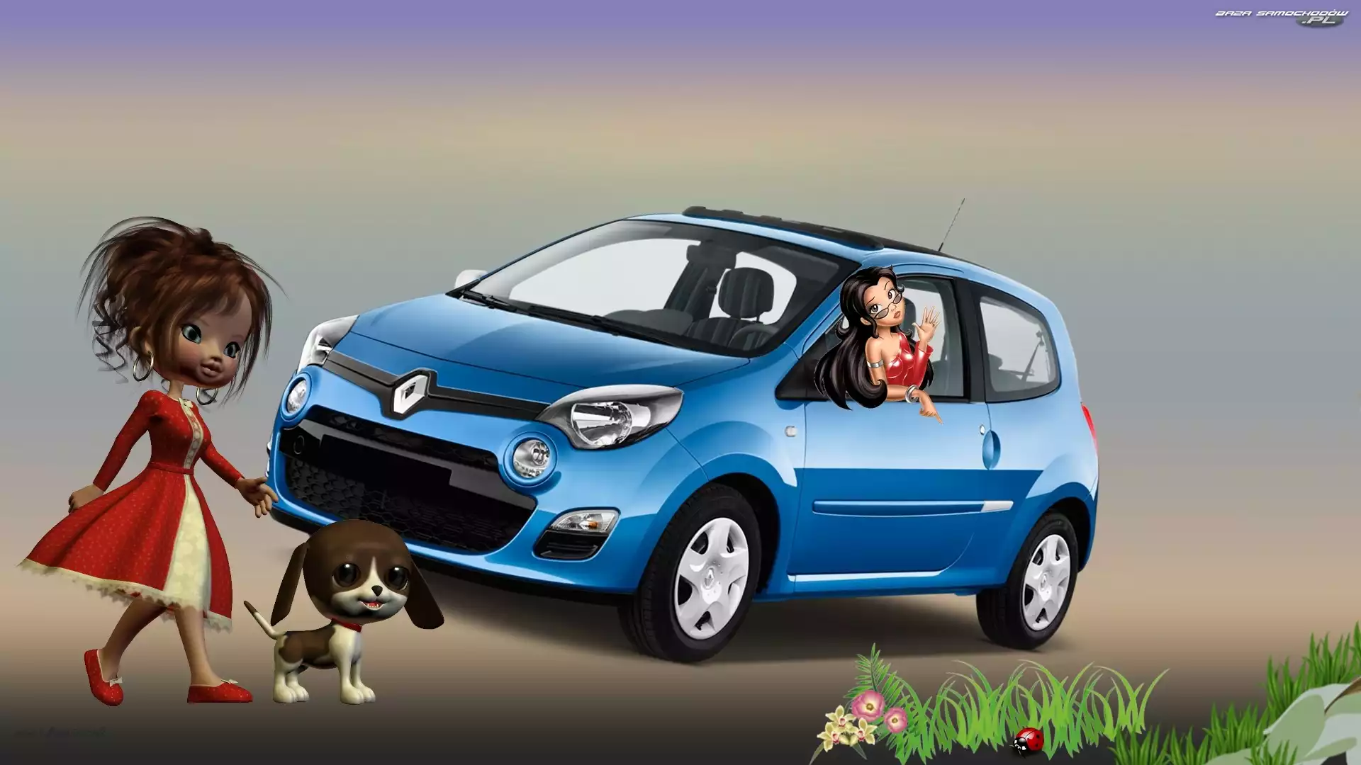 Renault, Pies, Samochód, Grafika, Laleczki