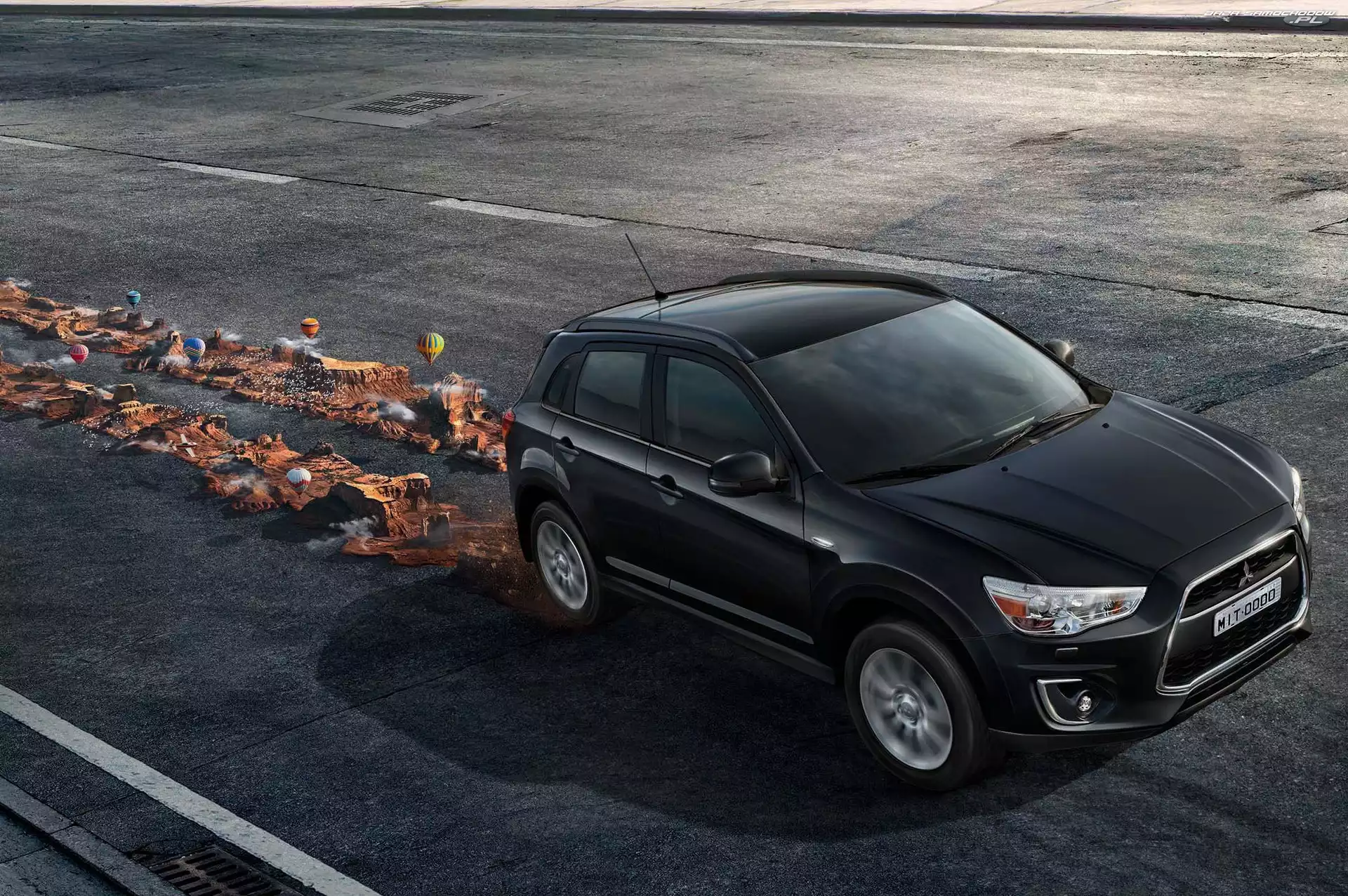 Droga, Samochód, Grafika, Góry, Mitsubishi Outlander, Ślady