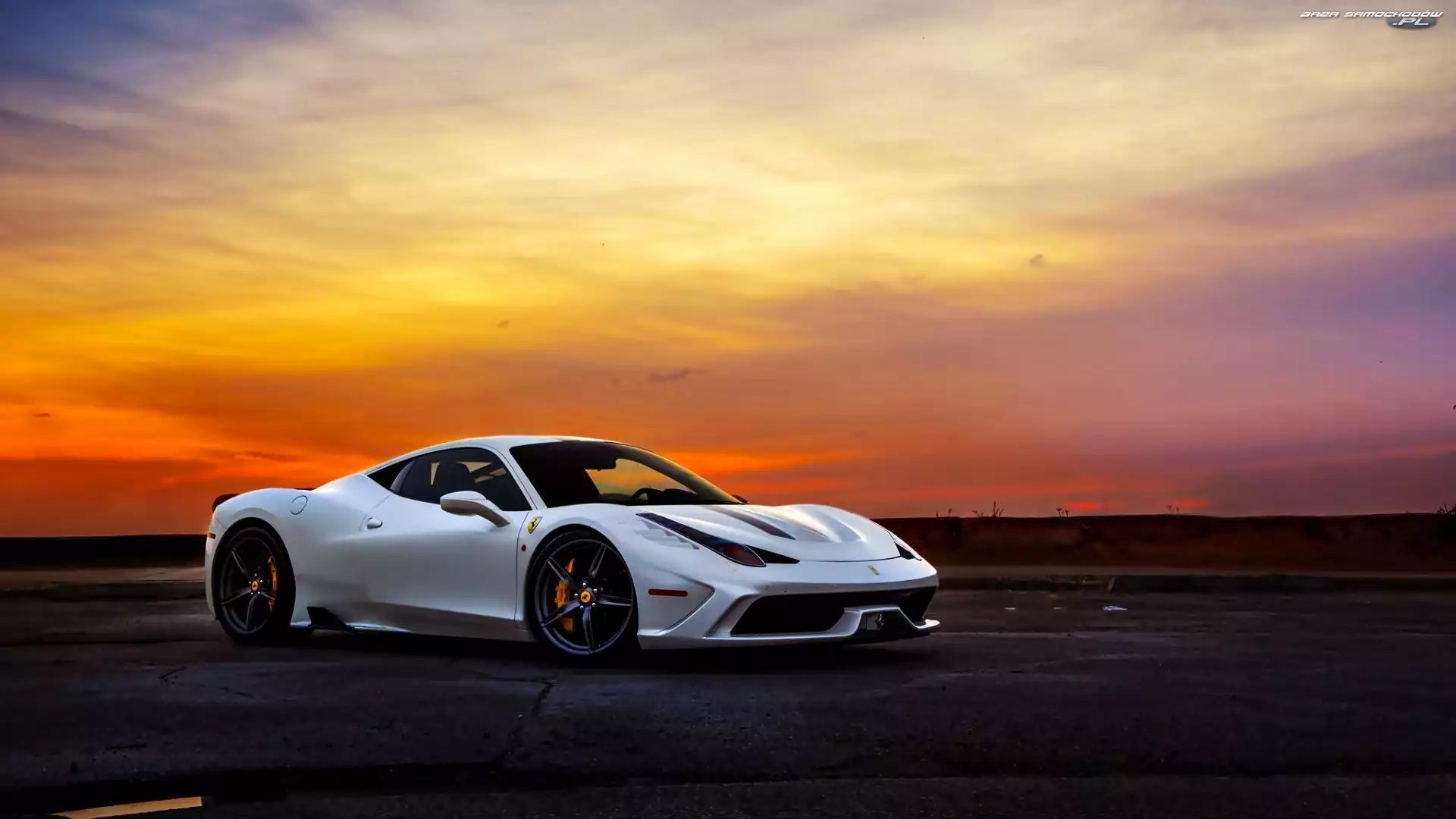 Zachód Słońca, Italia, Ferrari, Biały, Supercar, 458, Speciale