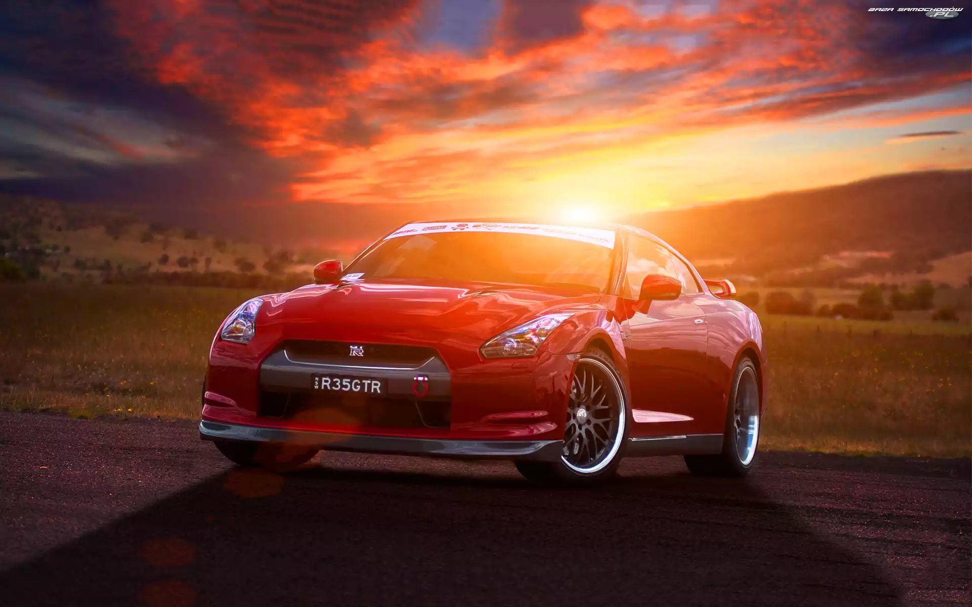 Zachód Słońca, Droga, Czerwony, Samochód, Nissan Gtr35