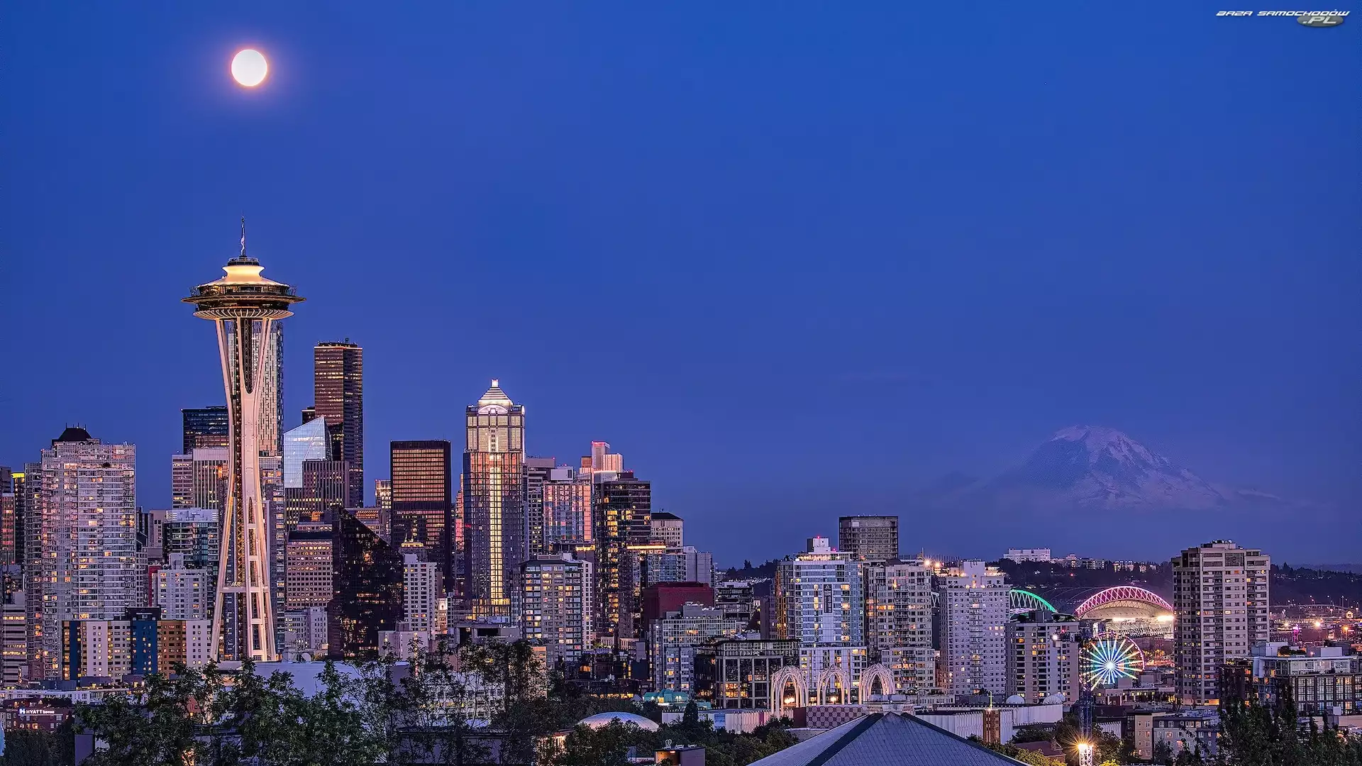 Pełnia, Wieża, Stany Zjednoczone, Księżyc, Wieżowce, Seattle, Stan Waszyngton, Space Needle
