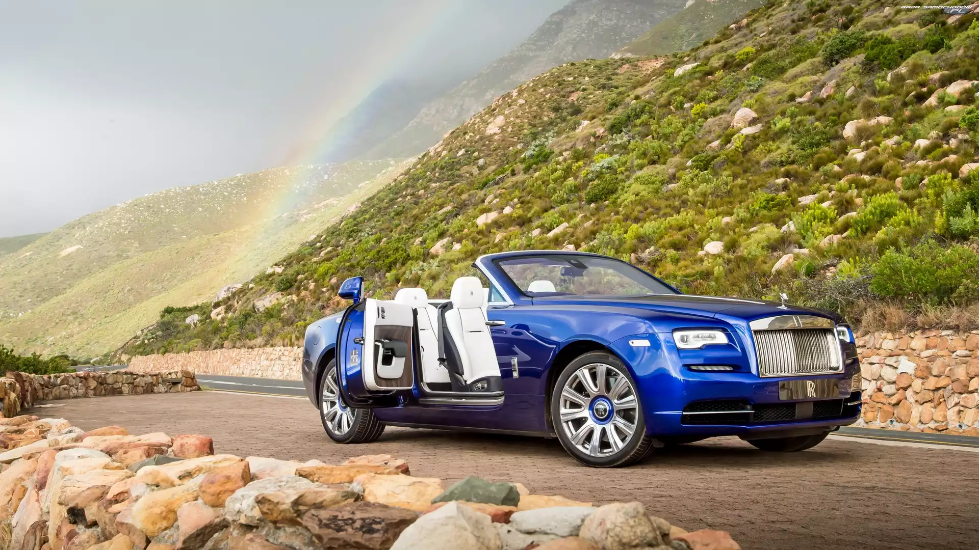 Kamienie, Tęcza, Wzgórza, Niebieski, Droga, Rolls-Royce Dawn, Kabriolet, 2016