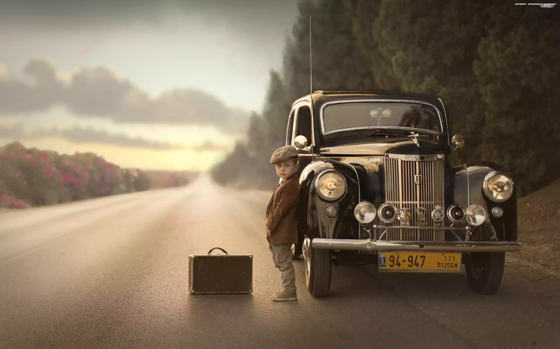 1949-53, Tło, Droga, Samochód, Rozmyte, Walizka, Ford Prefect, Zabytkowy, Dziecko