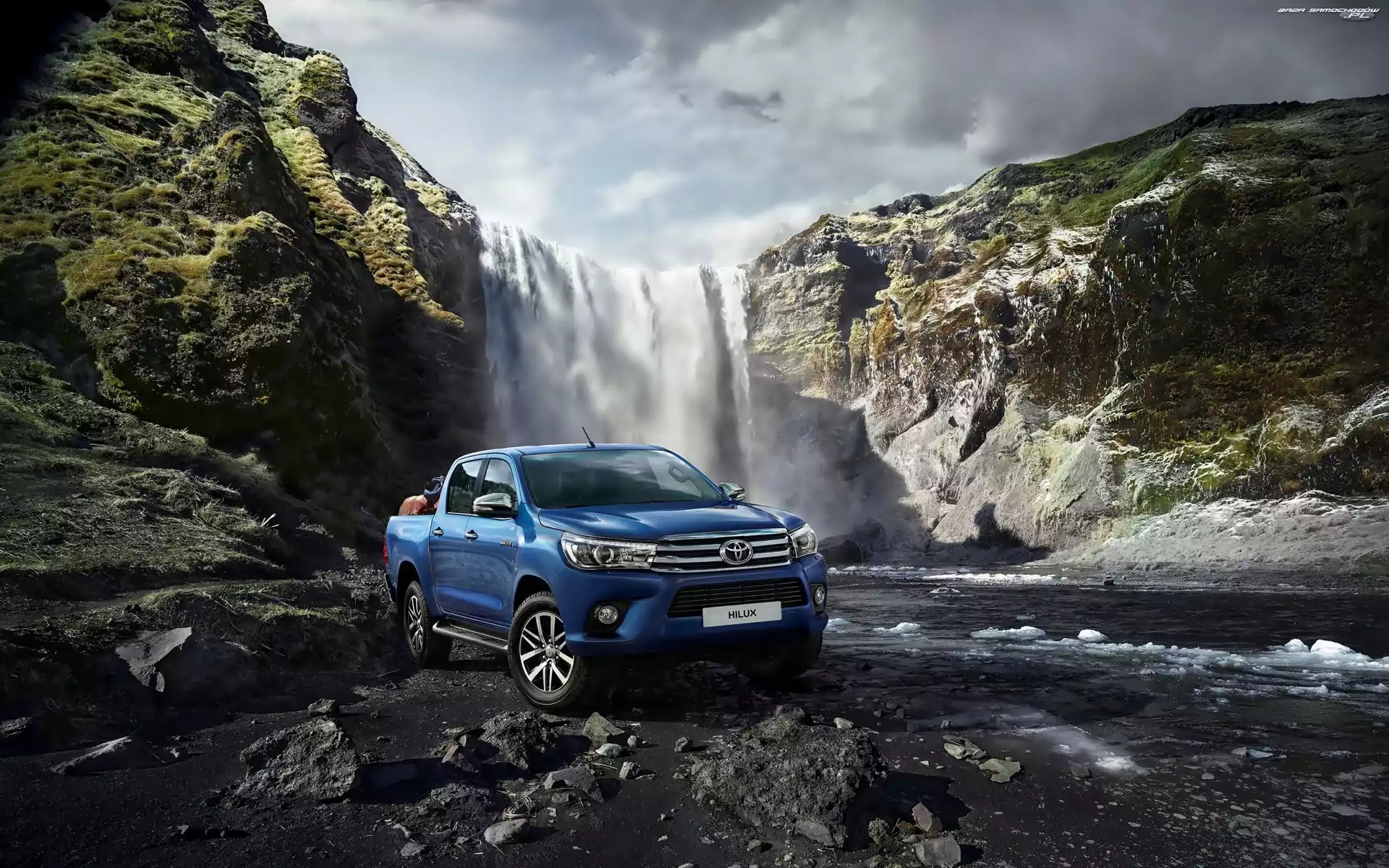 Toyota Hilux, Samochód, Rzeka, Wodospad, Skały