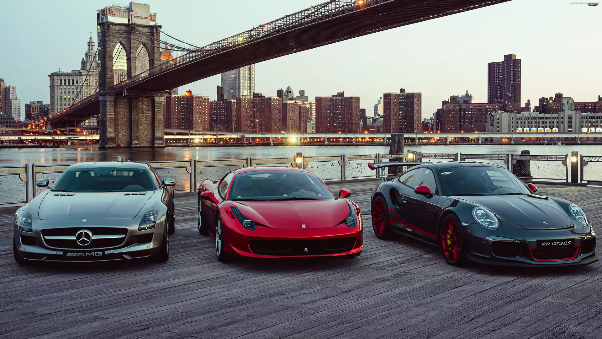 Porsche 911 GT3 RS, Trzy, Nowy Jork, Mercedes-AMG SLS, Ferrari, Most Brookliński, Samochody