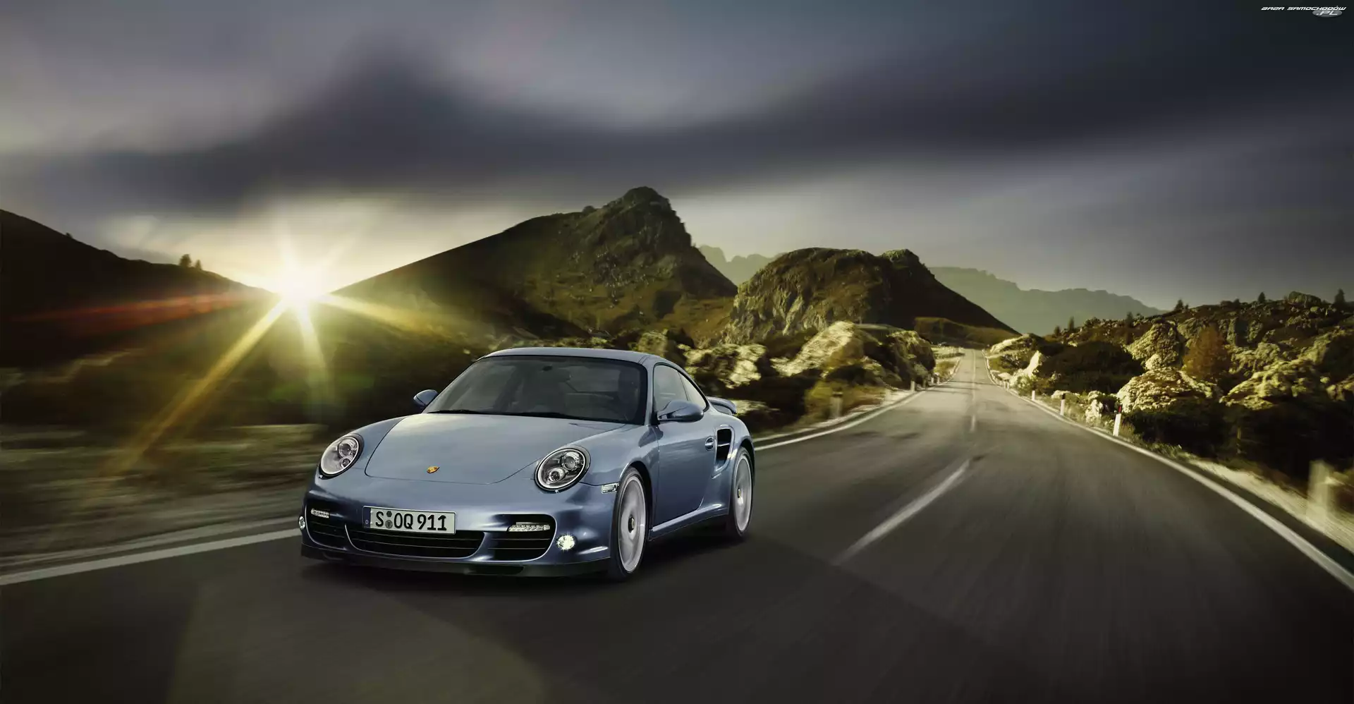 Słońca, Turbo, Samochód, Promienie, Góry, 911, Porsche, Droga
