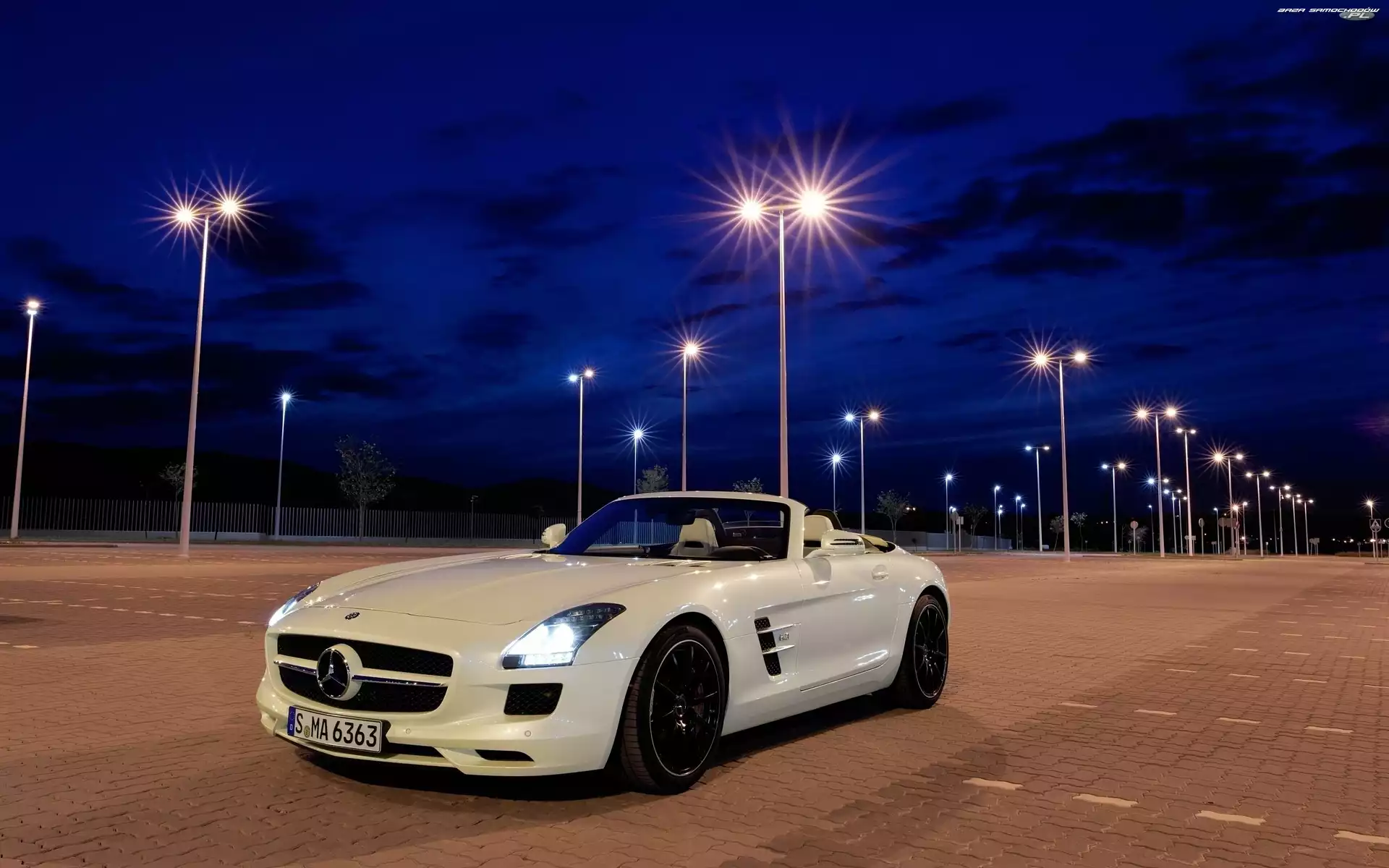 2011, Wieczór, Mercedes-Benz SLS AMG Roadster, Latarnie