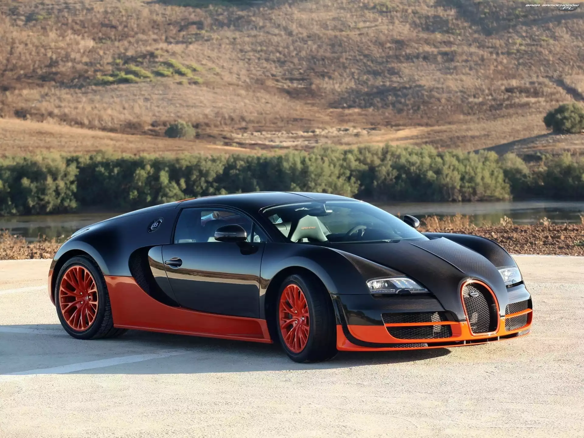 Rzeka, Zbocze, Bugatti Veyron Super Sport, Drzewa