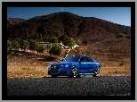 Audi RS5, Drzewa, Góry, Samochód, Niebieski, Ogrodzenie, Domy, Droga
